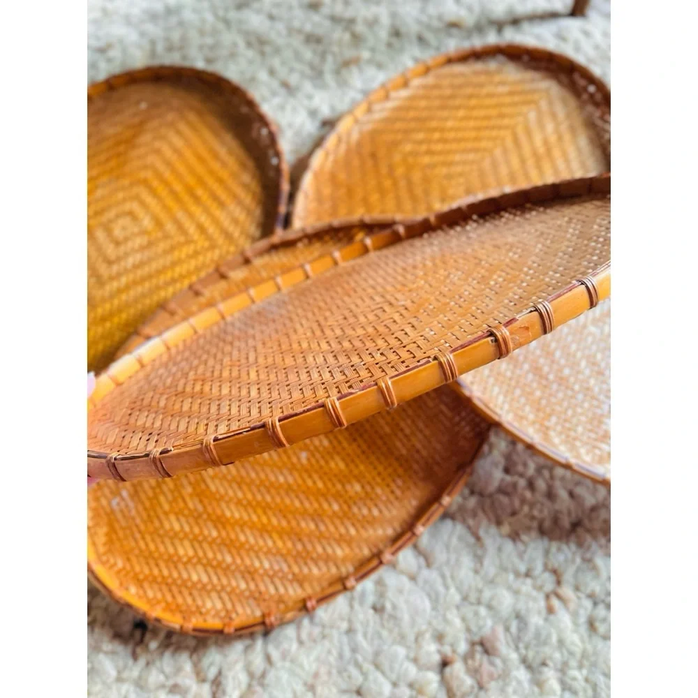 Set of 5 Vintage Woven Wicker Oval Nesting Trays Baskets for Table or Wall Decor